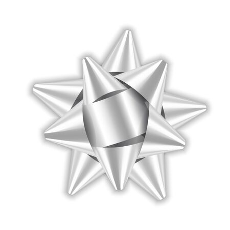 Silver bow ribbon decor element package. Shiny satin decoration gift present, holiday design, isolated white background. Symbol Christmas, New Year celebration, birthday Vector illustrationのイラスト素材