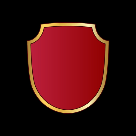 Gold and red shield shape icon. Logo emblem metallic sign isolated on black background. Shape shield symbol of security, protection or armor, safe. Shiny element design Vector illustrationのイラスト素材