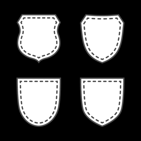 Shield shape icons set. White label signs isolated on black background. Symbol of protection, arms, security, safety. Flat retro style design. Element vintage heraldic emblem Vector illustrationのイラスト素材