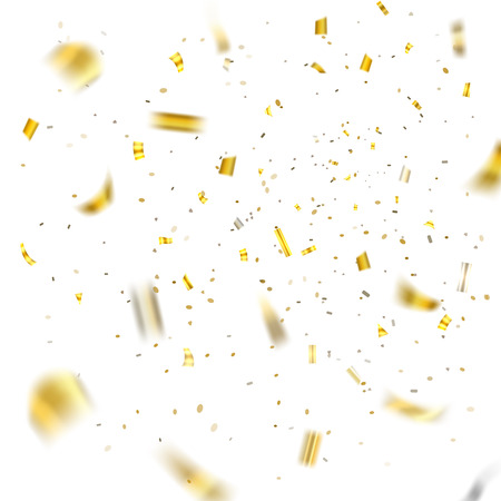 Gold confetti explosion celebration isolated on white background. Falling golden abstract decoration party, birthday celebrate or Christmas, New Year Festival decor Vector illustrationのイラスト素材