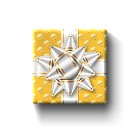 Gift box top view, isolated white background. Silver ribbon on gold square giftbox. Present design bow for Christmas celebration, New Year holiday, gift box birthday decoration. Vector illustrationのイラスト素材