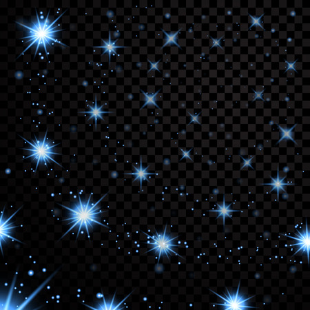 Blue stars black night sky transparent background. Abstract bokeh glowing space design. Starry milky way. Galaxy golden starlight shine sparkle. Golden shiny fantasy glow in dark Vector illustrationのイラスト素材