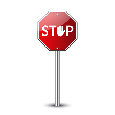 Stop traffic road sign. Prohibited red road sign isolated on white background Glossy. No transportation icon. Guidepost metal pole. Streetroad warning icon. Symbol danger Vector illustrationのイラスト素材