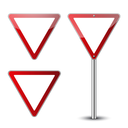 Yield triangle signs blank set. Traffic red road signs isolated on white background. Warning street safety icons for transportation. Guidepost pole. Empty signs template Vector illustrationのイラスト素材