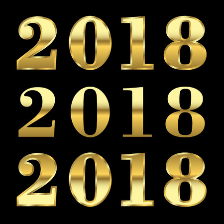 Happy New Year golden numbers. Gold numbers 2018 on black background. Christmas and New Year design. Symbol of holiday, celebration. Luxury golden texture. Vector illustrationのイラスト素材