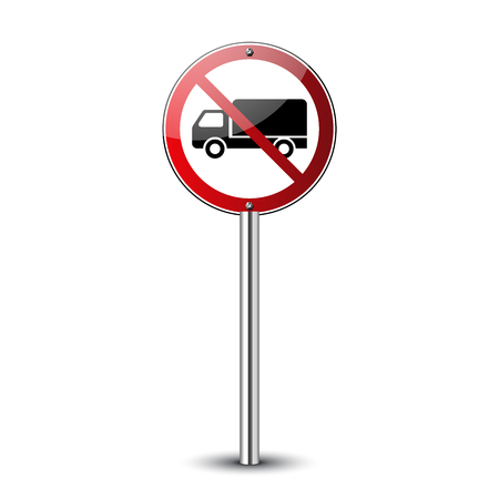 No truck sign. Forbidden red road sign isolated on white background. Glossy black no truck icon. Truck restriction symbol. No parking truck. No lorry. Guidepost metal pole Vector illustrationのイラスト素材