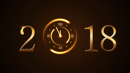 Happy New Year card background. Magic gold clock countdown. Golden numbers 2018. Christmas and New Year night glitter clock. Design decoration. Symbol wish, celebration Vector illustrationのイラスト素材