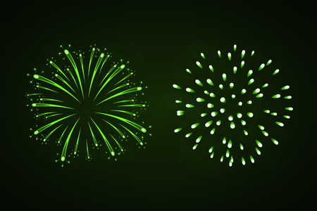Beautiful green fireworks set. Bright fireworks isolated black background. Light green decoration fireworks for Christmas, New Year celebration, holiday festival, birthday card Vector illustrationのイラスト素材