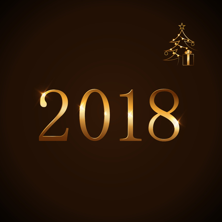 Merry Christmas celebration abstract background. Gold Xmas tree, gift box. Golden numbers 2018. Simple sketch for greeting. Light Happy New Year decoration. Vector illustrationのイラスト素材