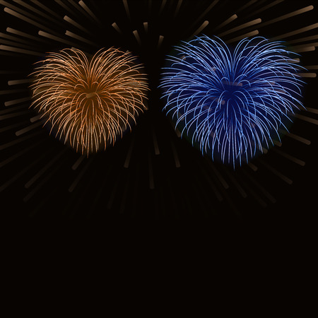Beautiful heart-fireworks background card. Bright romantic couple fireworks. Isolated black background. Light love salute for Valentine Day celebration. Symbol wedding. Vector illustrationのイラスト素材