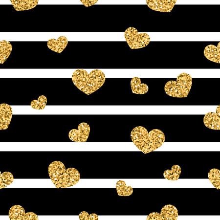 Gold heart seamless pattern. Black-white geometric stripes, golden confetti-hearts. Symbol of love, Valentine day holiday. Design wallpaper, background, fabric texture Vector illustrationのイラスト素材