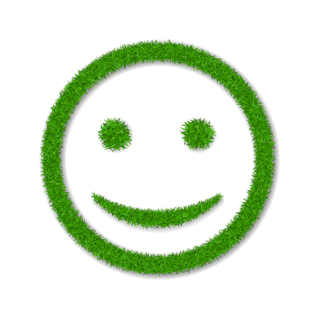 Green grass face smile. Smiley grassy icon, isolated white background. Ecology concept. Happy smiling sign. Symbol eco lawn, nature, safe environment, healthy, fresh spring Vector illustrationのイラスト素材