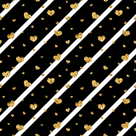 Gold heart seamless pattern. Black-white geometric stripes, golden confetti-hearts. Symbol of love, Valentine day holiday. Design wallpaper, background, fabric texture Vector illustrationのイラスト素材