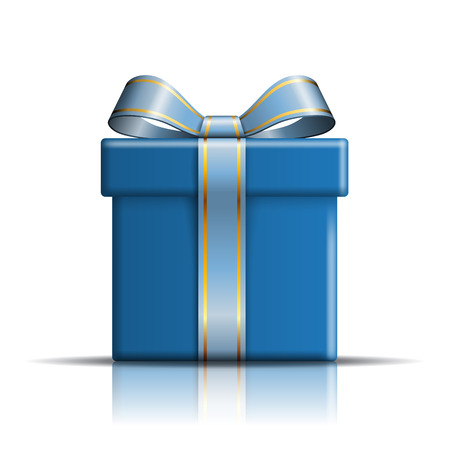 Gift box blue icon. Surprise present template, ribbon bow, isolated white background. 3D design decoration for Christmas, New Year holiday, birthday celebration, Valentine Day Vector illustrationのイラスト素材