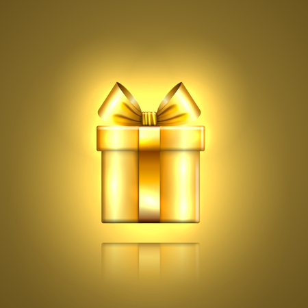 Gift box gold icon. Surprise present template, ribbon bow, isolated golden background. 3D design decoration for Christmas, New Year holiday, birthday celebration, Valentine Day Vector illustrationのイラスト素材