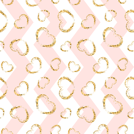 Gold heart seamless pattern. Pink-white geometric zig zag, golden grunge confetti-hearts. Symbol of love, Valentine day holiday. Design wallpaper, background, fabric texture Vector illustrationのイラスト素材
