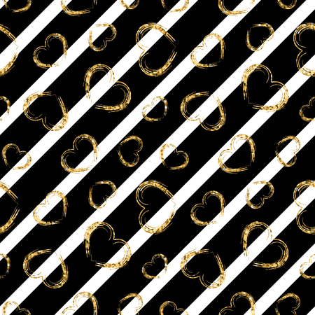 Gold heart seamless pattern. Black-white geometric stripes, golden grunge confetti-hearts.のイラスト素材