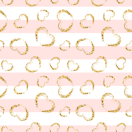 Gold heart seamless pattern. Pink-white geometric stripes, golden grunge confetti-hearts. Symbol of love, Valentine day holiday. Design wallpaper, background, fabric texture Vector illustrationのイラスト素材