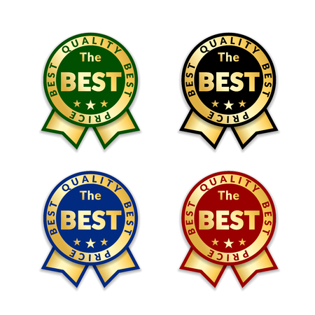 Ribbons award best price label set. Gold ribbon award icon isolated white background. Best quality golden label for badge, medal, best choice, price, certificate guarantee product Vector illustrationのイラスト素材