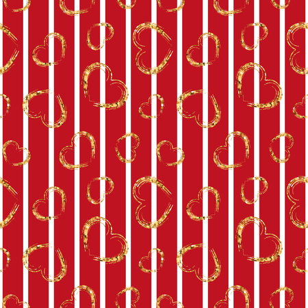 Gold heart seamless pattern. Red-white geometric stripes, golden grunge confetti-hearts. Symbol of love, Valentine day holiday. Design wallpaper, background, fabric texture Vector illustrationのイラスト素材