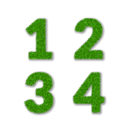 Grass numbers 1 2 3 4. Green numbers one, two, three, four isolated on white background. Green grass 3D, symbol of fresh nature, plant lawn, summer. Grass texture font. Eco design Vector illustrationのイラスト素材