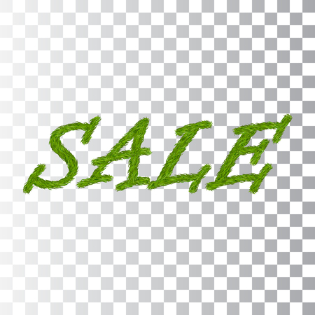 Green grass sale text, isolated white transparent background. Spring or summer nature design for banner, flyer, poster offer. Discount sale. Eco 3D texture. Letter grassy signs Vector illustrationのイラスト素材