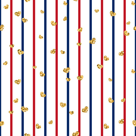 Gold heart seamless pattern. Red-blue-white geometric stripes, golden confetti-hearts. Symbol of love, Valentine day holiday. Design wallpaper, background, fabric texture Vector illustrationのイラスト素材