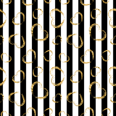 Gold heart seamless pattern. Black-white geometric stripes, golden grunge confetti-hearts. Symbol of love, Valentine day holiday. Design wallpaper, background, fabric texture Vector illustrationのイラスト素材