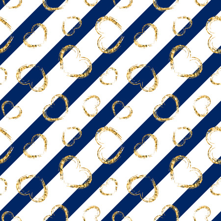 Gold heart seamless pattern. Blue-white geometric stripes, golden grunge confetti-hearts. Symbol of love, Valentine day holiday. Design wallpaper, background, fabric texture Vector illustrationのイラスト素材