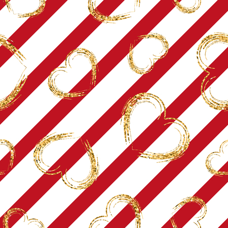 Gold heart seamless pattern. Red-pink geometric stripes, golden grunge confetti-hearts. Symbol of love, Valentine day holiday. Design wallpaper, background, fabric texture Vector illustrationのイラスト素材