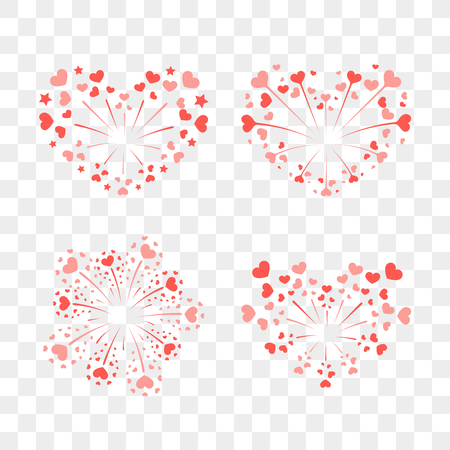 Beautiful heart-fireworks set. Red salute isolated on transparent background. Love decoration flat firework. Symbol of Valentine Day celebration, holiday, wedding Vector illustrationのイラスト素材
