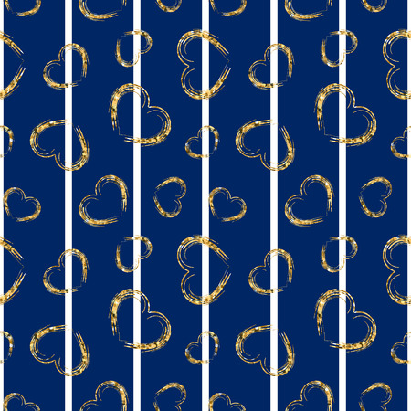 Gold heart seamless pattern. Blue-white geometric stripes, golden grunge confetti-hearts. Symbol of love, Valentine day holiday. Design wallpaper, background, fabric texture Vector illustrationのイラスト素材