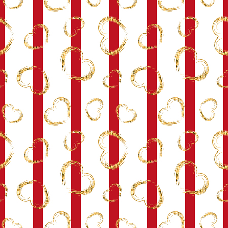Gold heart seamless pattern. Red-white geometric stripes, golden grunge confetti-hearts. Symbol of love, Valentine day holiday. Design wallpaper, background, fabric texture Vector illustrationのイラスト素材