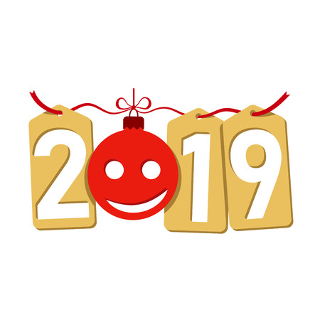Happe New Year gold background. Isolated 2019 golden numbers, tags, bauble, emoticon. Flat Christmas ball, smiling. Design celebration for card, promotion discount, sale banner Vector illustrationのイラスト素材