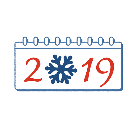 Calendar Happy New Year 2019. Number isolated on white background. Golden template cover. Christmas ball, snowflake. Flat gold design for banner, decoration, holiday celebration Vector illustrationのイラスト素材