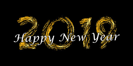 Happy New Year text. Bright gold number 2019 with sparkle isolated on black background. Holiday...