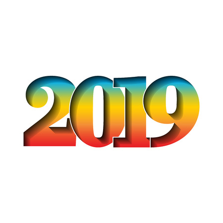 Happy new year card. 3D number 2019 with rainbow gradient texture, isolated white background. Bright graphic design holiday celebration, greeting text, Christmas banner decoration Vector illustrationのイラスト素材
