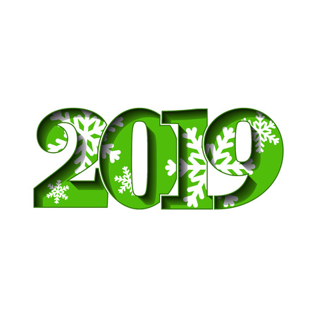 Happy new year card. Green 3D number 2019 with snowflakes texture, isolated white background. Bright graphic design holiday celebration, greeting text, Christmas banner decoration Vector illustrationのイラスト素材