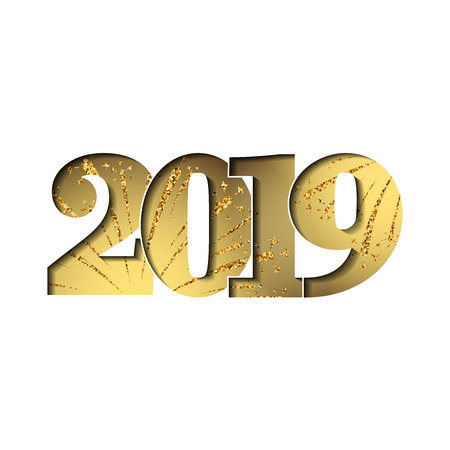 Happy new year card. Gold number 2019 with sparkles, isolated white background. Golden firework. Bright design for holiday celebration, greeting text, Christmas banner Vector illustrationのイラスト素材