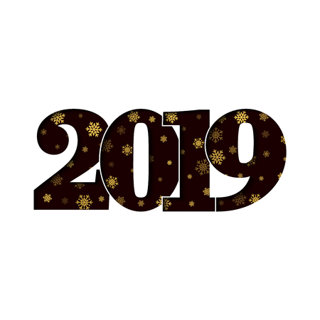 Happy new year card. Black 3D number 2019 with gold snowflakes texture, isolated white background. Bright golden graphic design holiday, greeting text, Christmas banner decoration Vector illustrationのイラスト素材