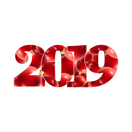 Happy new year card. Number 2019 with red and gold baubles, isolated white background. Bright design for holiday celebration, greeting text, Christmas banner Vector illustrationのイラスト素材