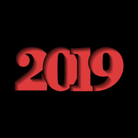 Happy new year card. Red 3D number 2019, isolated on black background. Graphic design for holiday celebration, greeting text, Christmas banner decoration Vector illustrationのイラスト素材