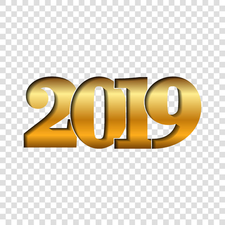 Happy New Year shiny gold number 2019. Golden gradient digits, isolated white transparent background. Glowing design, light texture Christmas celebration, greeting card, poster Vector illustrationのイラスト素材