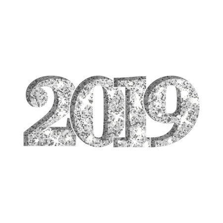 Happy New Year silver number 2019. Silvery glitter digits isolated on white background. Shiny glowing design. Light sparkle Christmas celebration, greeting card, holiday poster Vector illustrationのイラスト素材