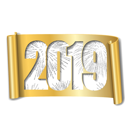 Happy new year card. White number 2019, silver firework. Gold scroll 3D isolated white background. Golden ribbon handscroll Curved frame ribbon. Design decoration Christmas banner Vector illustrationのイラスト素材