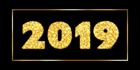 Happy New year card. 3D gold number 2019 with text, isolated black background. Golden texture...