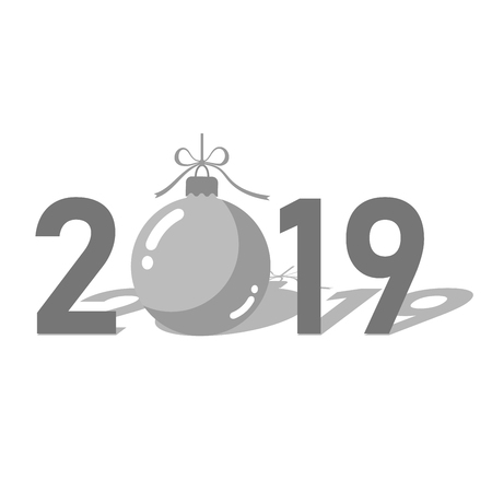 Happe New Year silver background. Isolated 2019 gray numbers, bauble. Flat Christmas ball. Design for celebration card, holiday greeting, calendar, banner. Typography graphic Vector illustrationのイラスト素材