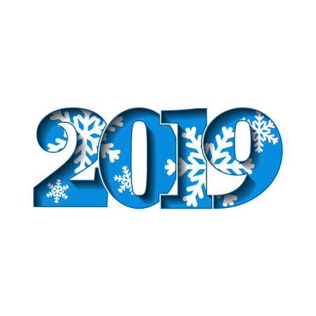 Happy new year card. Blue 3D number 2019 with snowflakes texture, isolated white background. Bright graphic design holiday celebration, greeting text, Christmas banner decoration Vector illustrationのイラスト素材