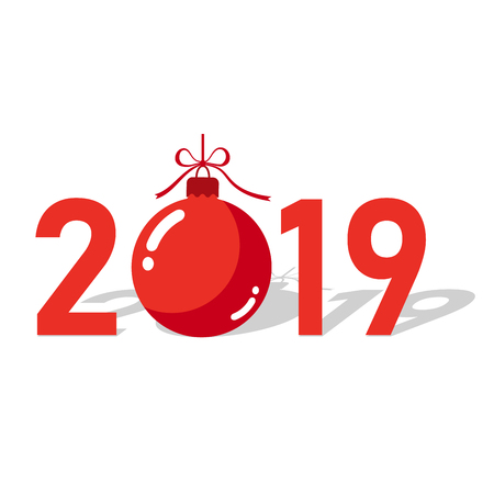 Happe New Year background. Isolated 2019 red numbers, bauble. Flat Christmas ball. Design for celebration card, holiday greeting, calendar, banner. Typography graphic Vector illustrationのイラスト素材