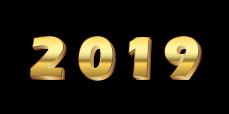 Happy New Year background. Gold 3D number 2019 isolated on black. Bright golden design for greeting card, Christmas banner, holiday celebration, decoration poster, calendar Vector illustrationのイラスト素材